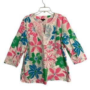 Talbots bright tropical floral tunic 3/4 sleeve lightweight top Size XL